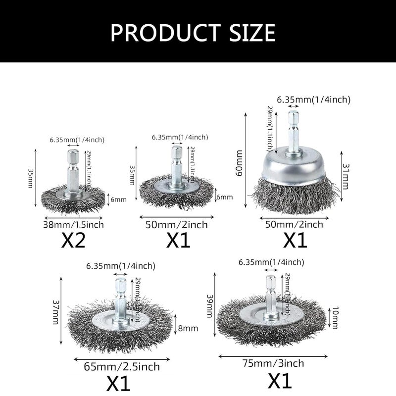 6Pcs Carbon Steel Wire Brush Wheel Cup Set with 1 4 Inch Hex Shank for Drill Stripping - Image 3